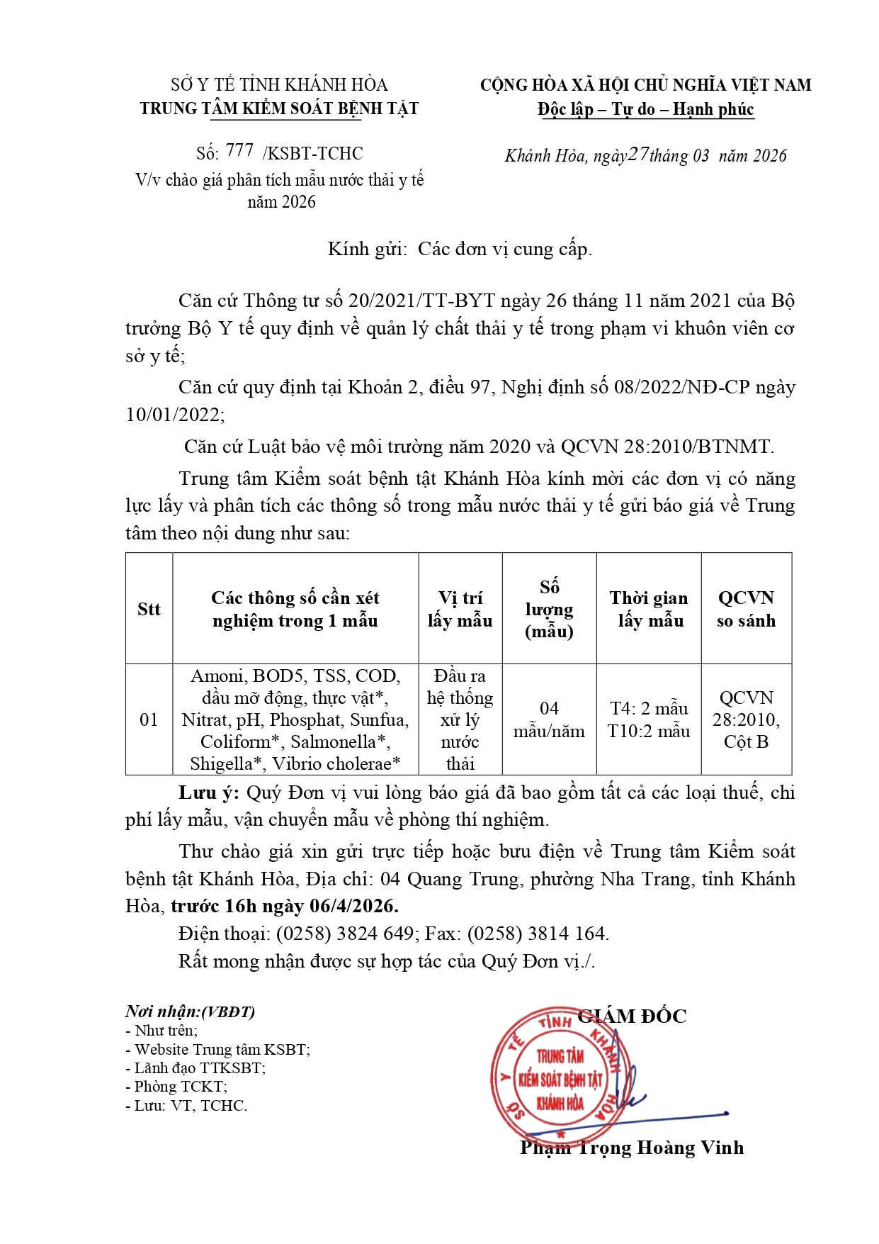 V/v chào giá phân tích mẫu nước thải y tế năm 2026